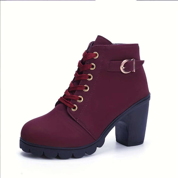 Women's Block Heel Ankle Boots with Buckle Detail