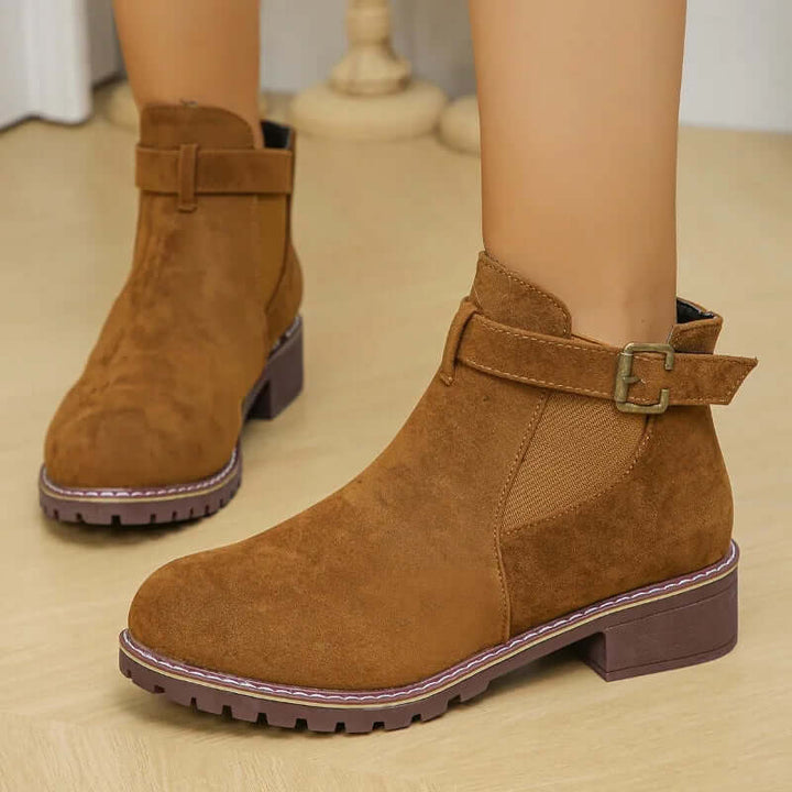 Women's Casual Outdoor Mid-Heel Boots with Buckle
