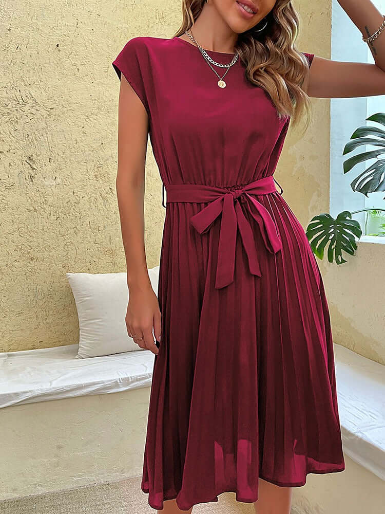 Women's Pleated Midi Dress with Tie Waist