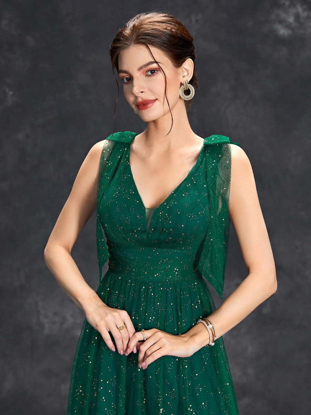 Glitter Embellished V-Neck Sleeveless Floor-Length Evening Gown