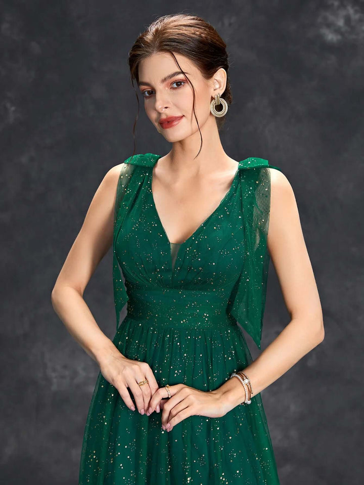 Glitter Embellished V-Neck Sleeveless Floor-Length Evening Gown