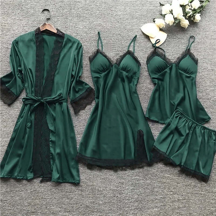 Women's 5-Piece Satin Sleepwear Set with Lace