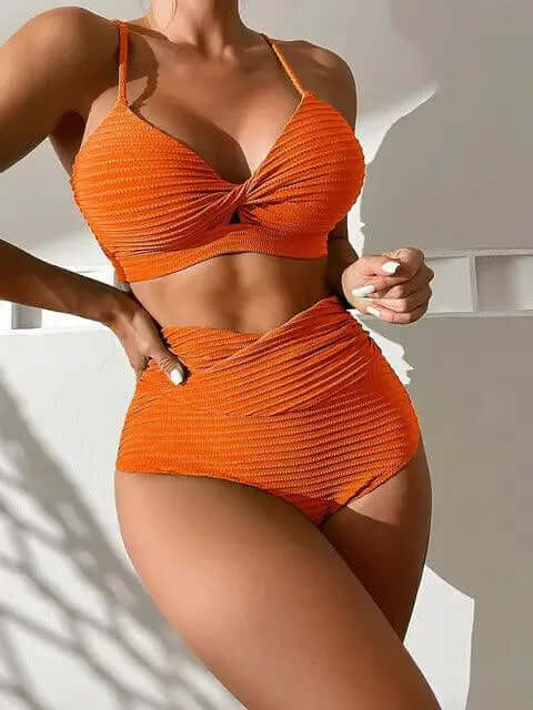 Women's Ribbed Bikini Set - Twisted High-Waisted