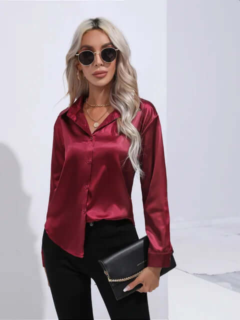 Women's Satin Loose Fit Long Sleeve Blouse