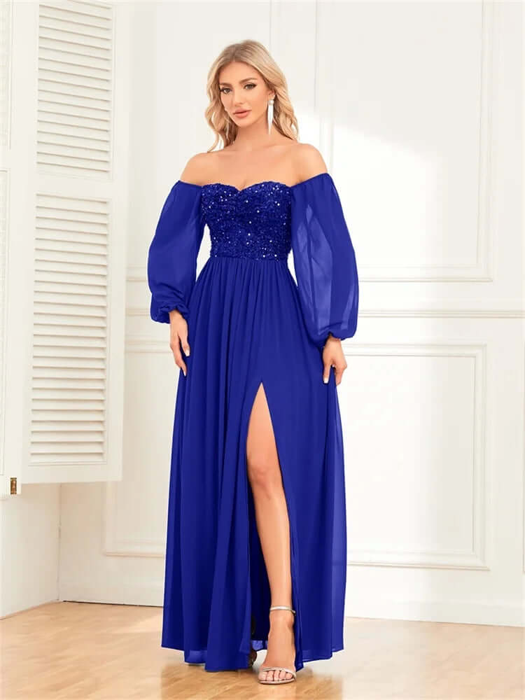 Women's Off-Shoulder Sequin Evening Gown with High Slit