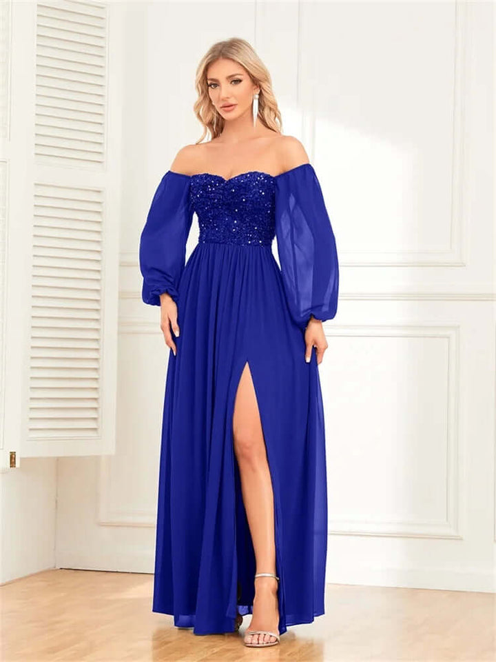 Women's Off-Shoulder Sequin Evening Gown with High Slit