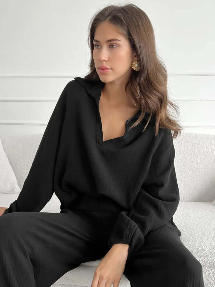 Women's Cotton Loungewear Set - V-Neck & Wide Leg