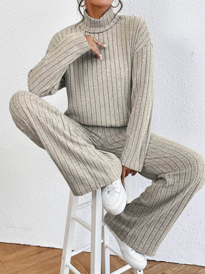 Women's Knitted Turtleneck Sweater and Wide-Leg Pants Set
