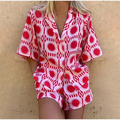Women's Geometric Print Co-ord Set: Relaxed Shirt & Shorts