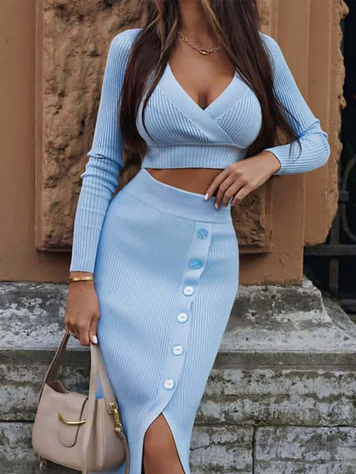 Women's V-Neck Top and Midi Skirt