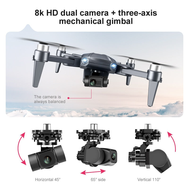 "8K HD Pro Drone with dual cameras, GPS, brushless motors in gray and orange, stylish and compact for aerial photography."