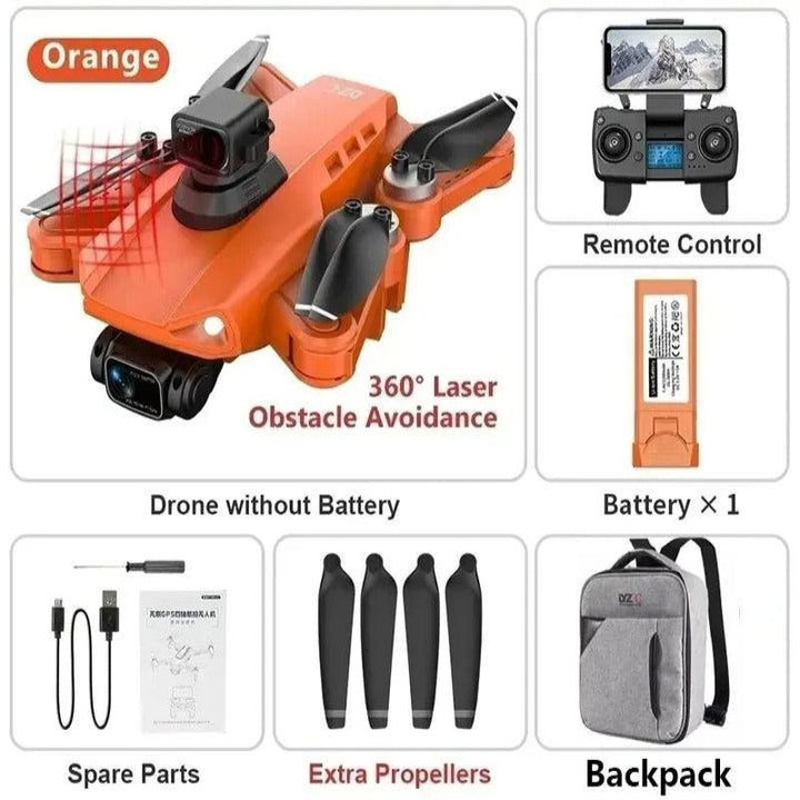 "8K HD Pro Drone with dual cameras, GPS, brushless motors in gray and orange, stylish and compact for aerial photography."