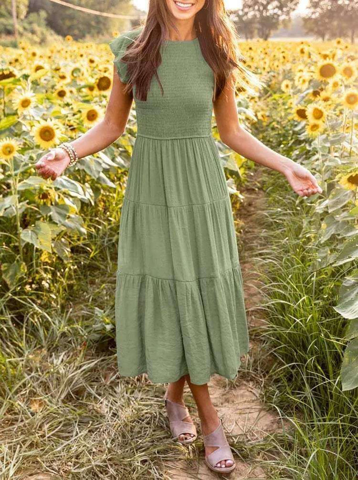 Women's Tiered Midi Dress with Flutter Sleeves