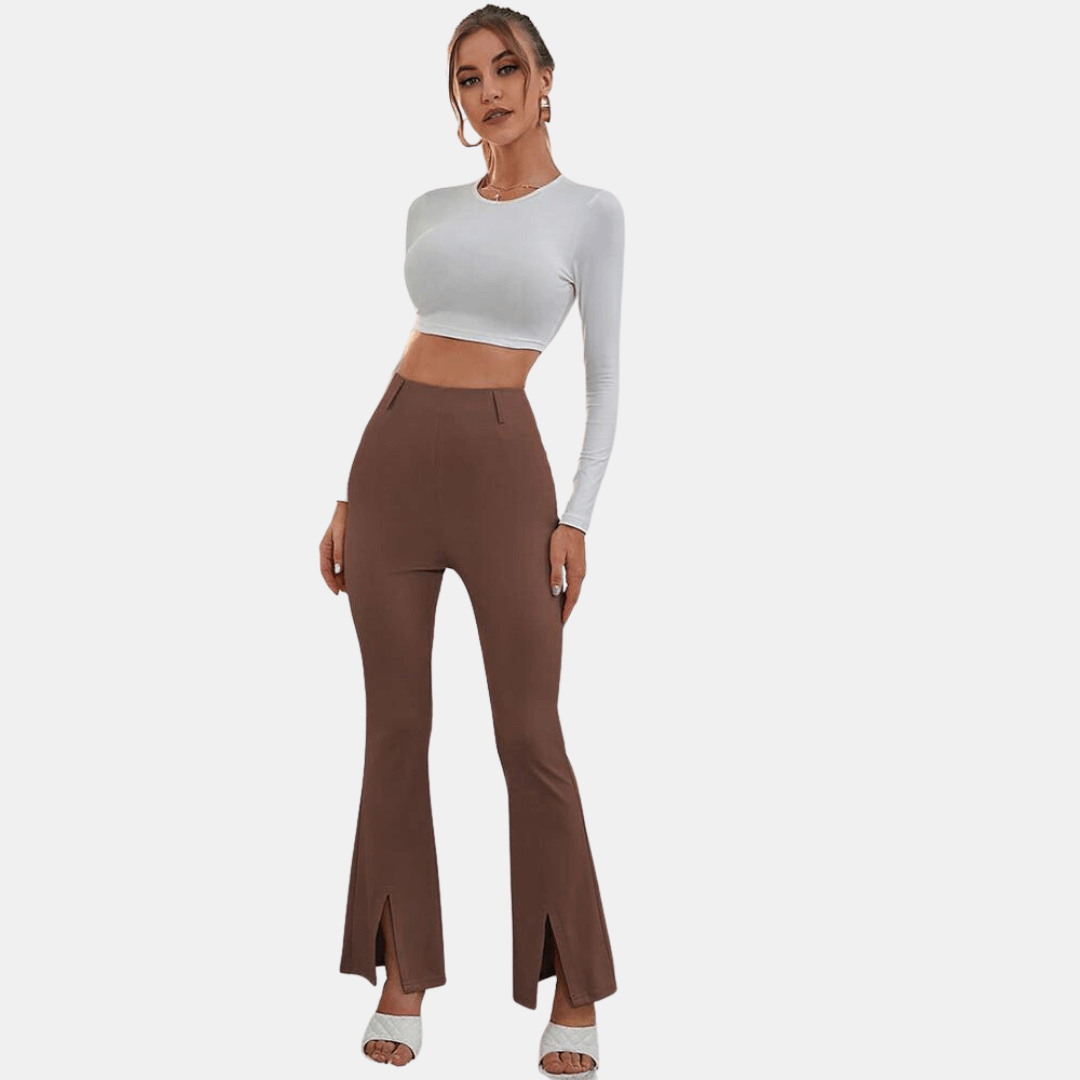 Women's High-Waisted Flare Trousers with Front Slit