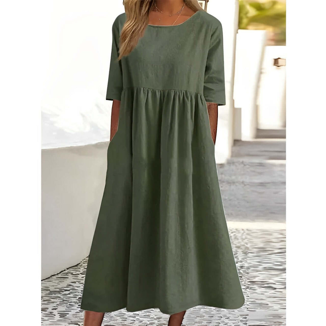 Cotton Linen Pleated Midi Dress