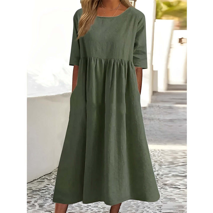 Cotton Linen Pleated Midi Dress