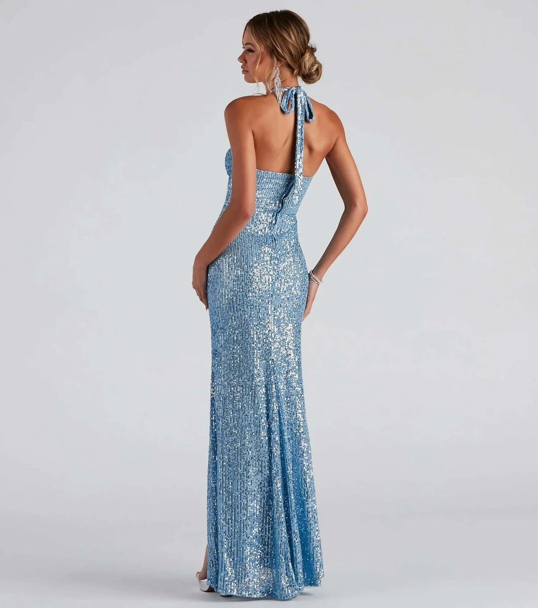 Sequin Halter Neck Evening Gown with High Slit