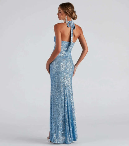 Sequin Halter Neck Evening Gown with High Slit