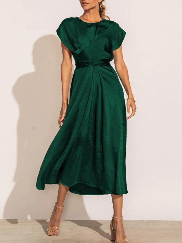 Satin Embroidered Midi Dress for Women