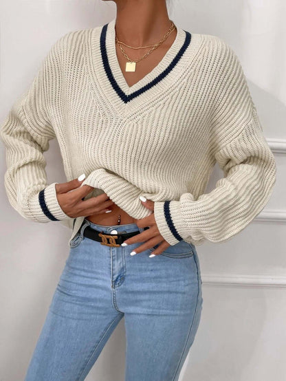 Women's Striped V-Neck Relaxed Fit Jumper