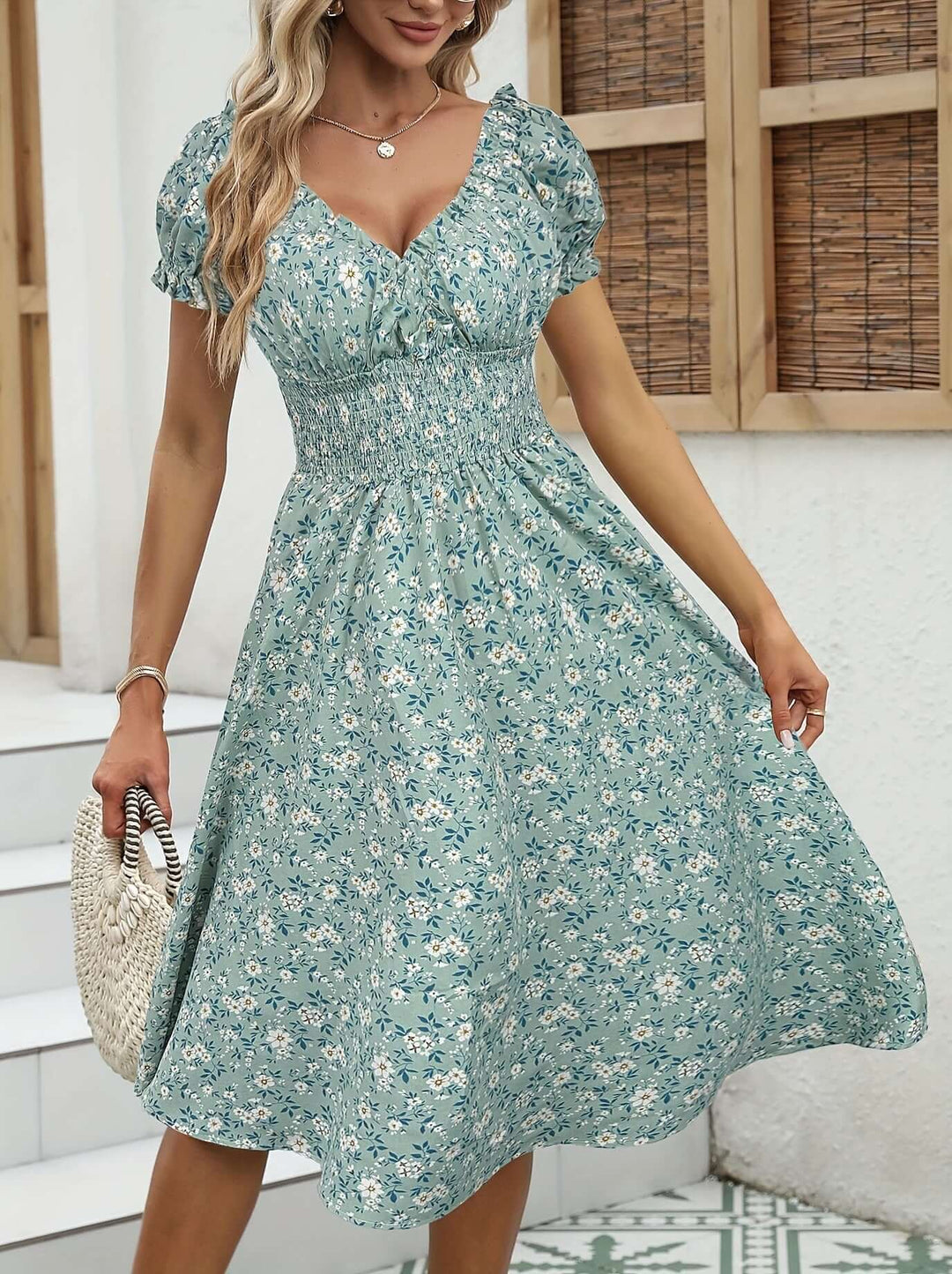 Floral Print Puff Sleeve Midi Dress