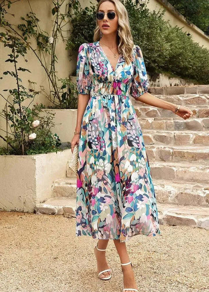 Women's Puff Sleeve Midi Dress with Cinched Waist