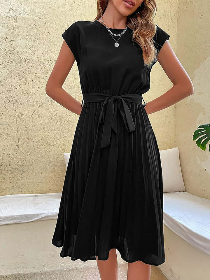 Women's Pleated Midi Dress with Tie Waist