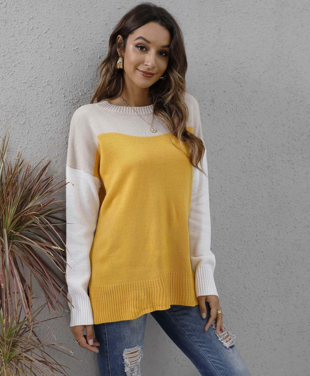Colour Block Knit Sweater - Women's Relaxed Fit Jumper