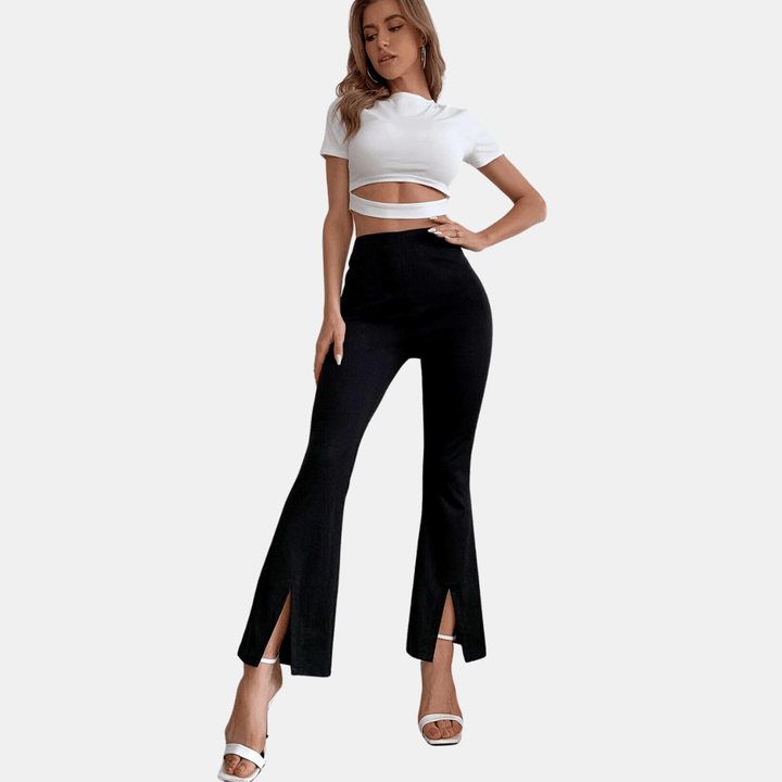 Women's High-Waisted Flare Trousers with Front Slit