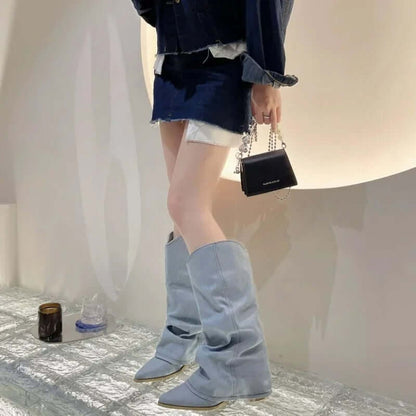 Women's Denim Knee-High Cowboy Boots