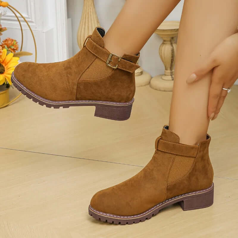 Women's Casual Outdoor Mid-Heel Boots with Buckle