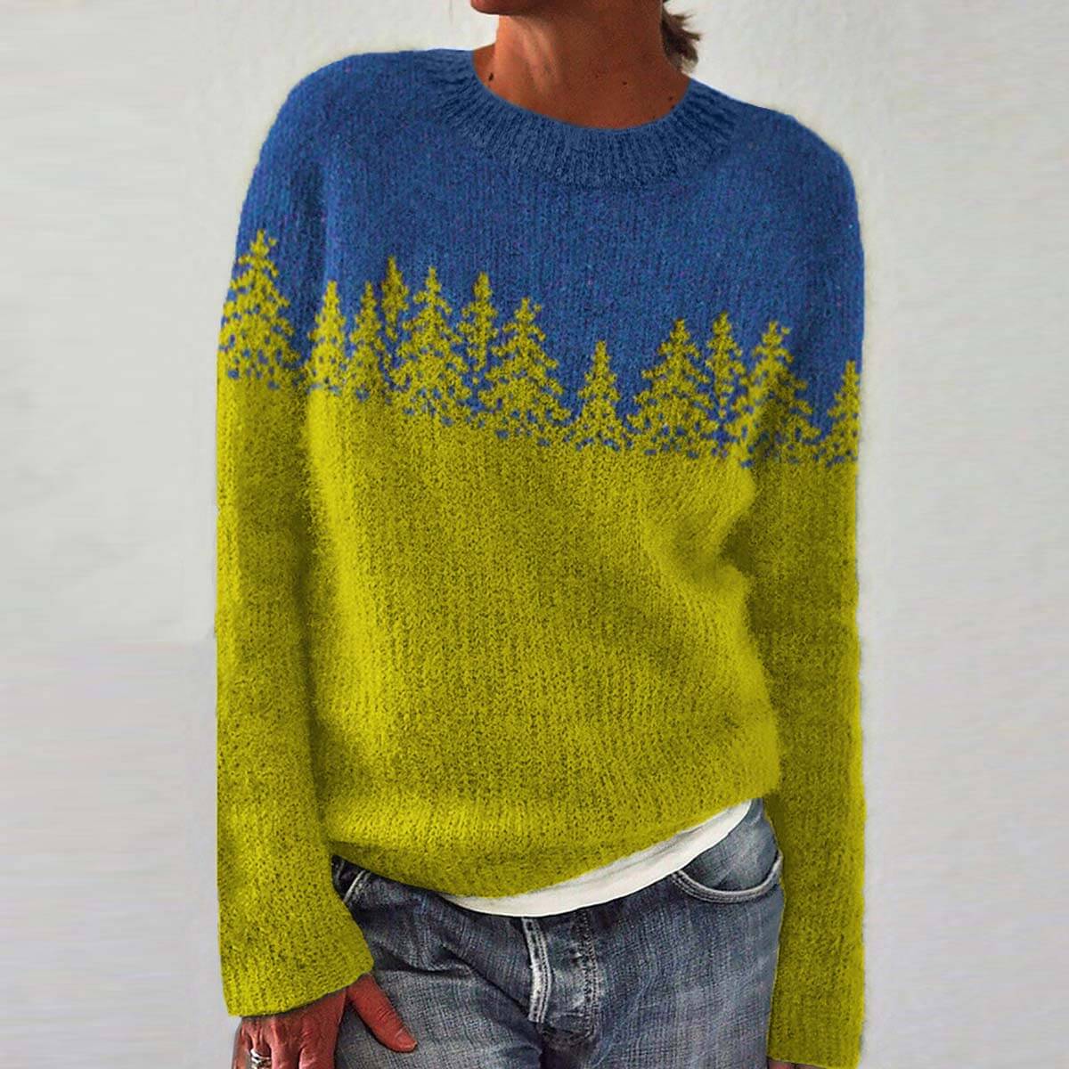 Colour Block Knitted Jumper with Forest Print