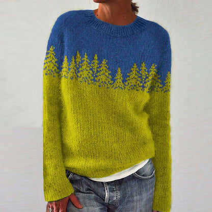 Colour Block Knitted Jumper with Forest Print