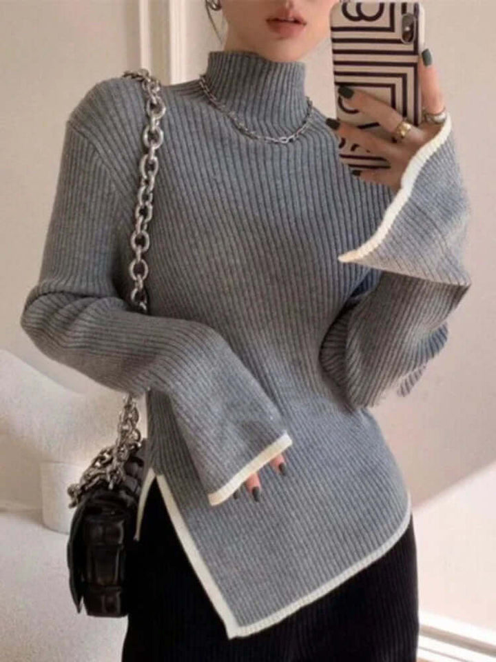 Women's Ribbed Turtleneck Sweater with Flared Sleeves