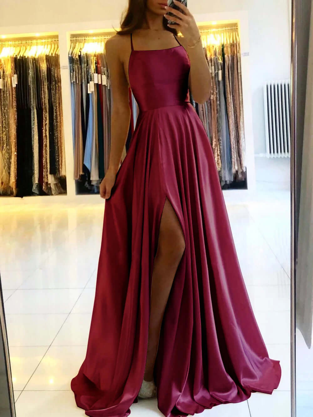 Women's Satin Evening Gown with High Slit