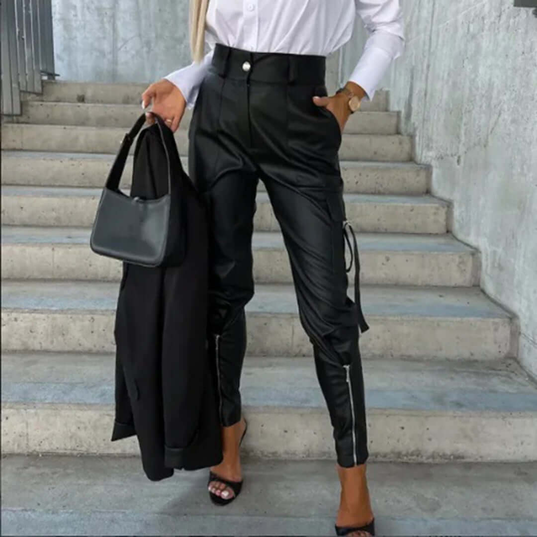 Women's Faux Leather Cargo Trousers