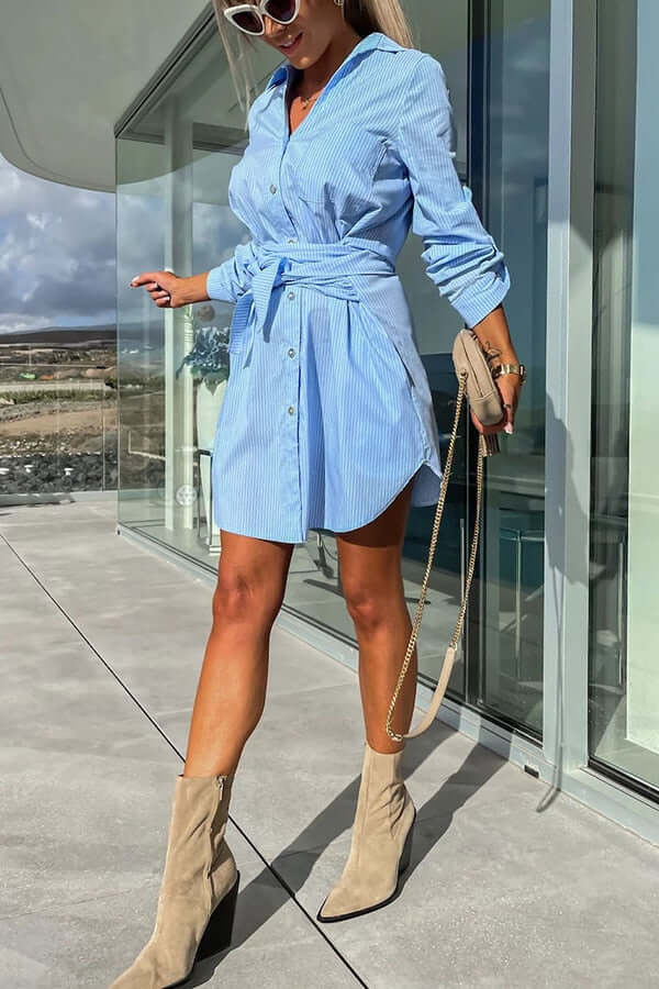 Women's Button-Down Shirt Dress with Waist Tie