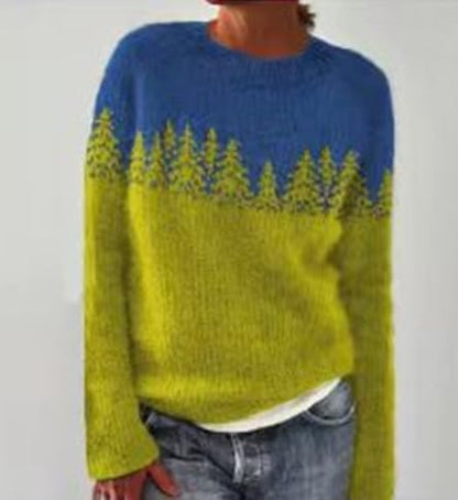 Colour Block Knitted Jumper with Forest Print