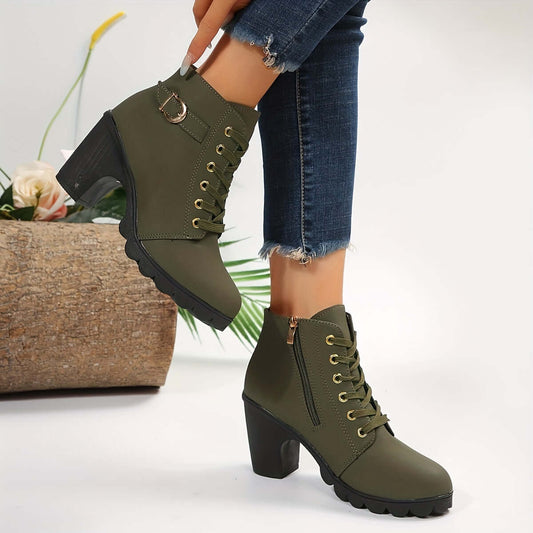 Women's Block Heel Ankle Boots with Buckle Detail