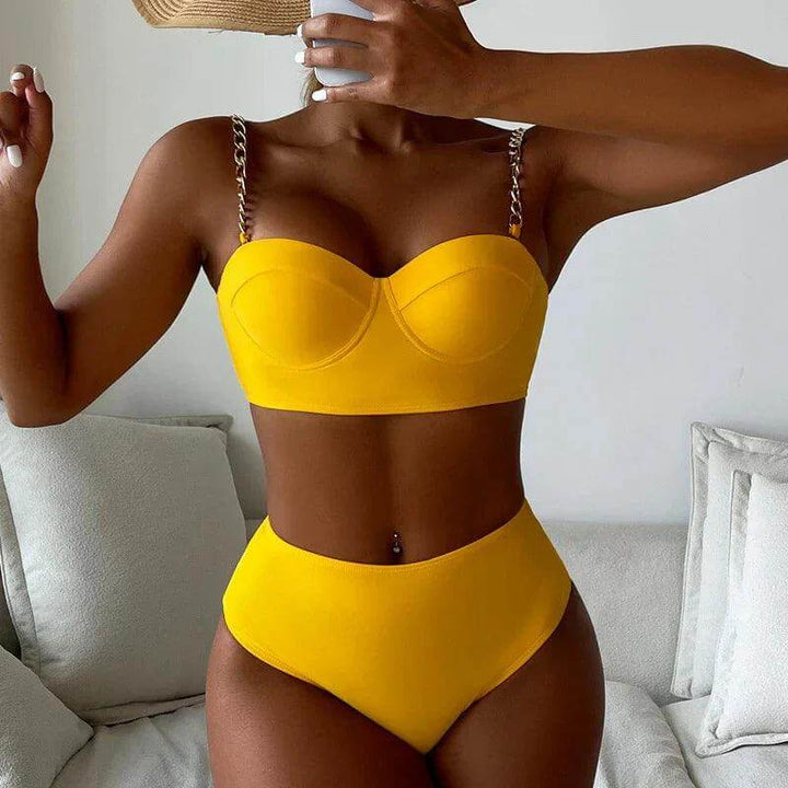 Padded Chain Strap High-Waisted Bikini Set