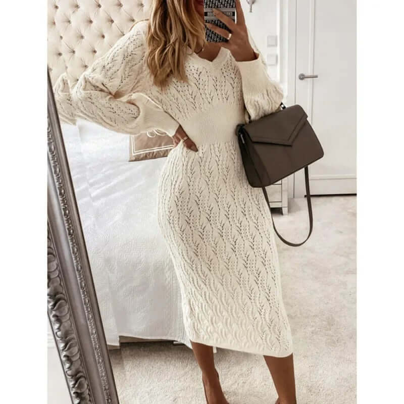 Women's Cotton V-Neck Long Sleeve Midi Dress