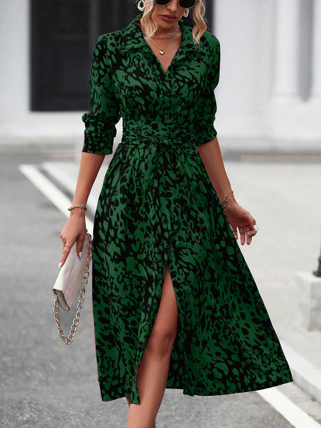 "A-Line Midi Dress with waist tie, button-down front, and classic fit, perfect for elegant and comfortable styling."