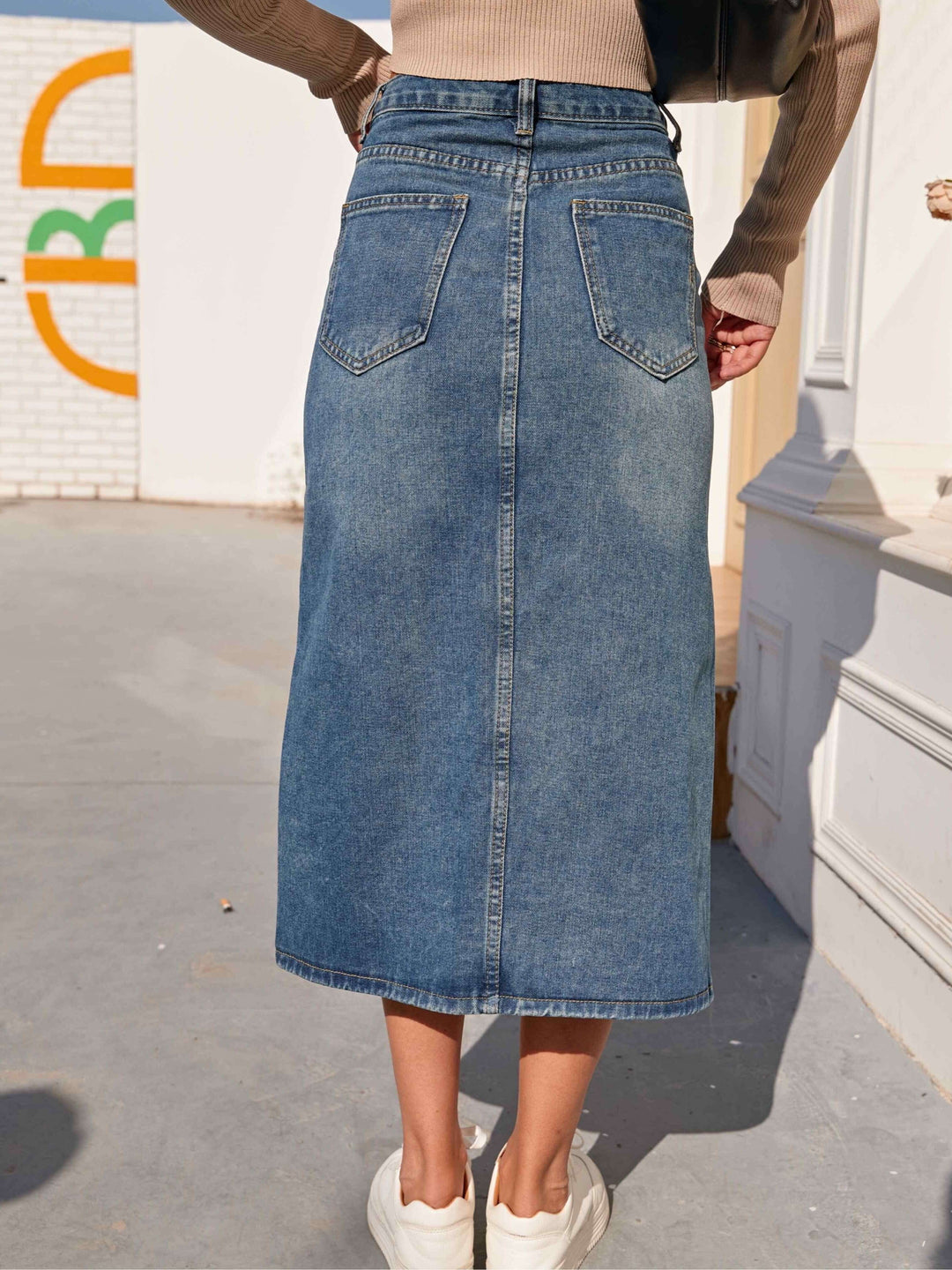 Women's High-Waisted Denim Midi Skirt with Front Slit