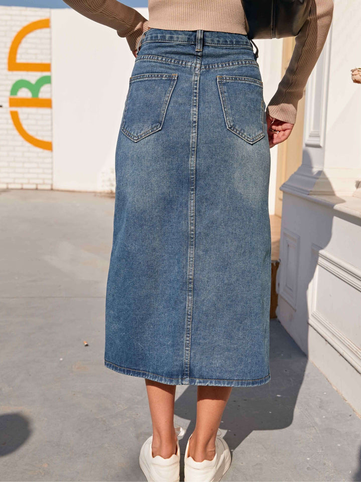 Women's High-Waisted Denim Midi Skirt with Front Slit