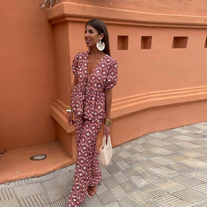Women's Boho Puff Sleeves & Wide-Leg Pants