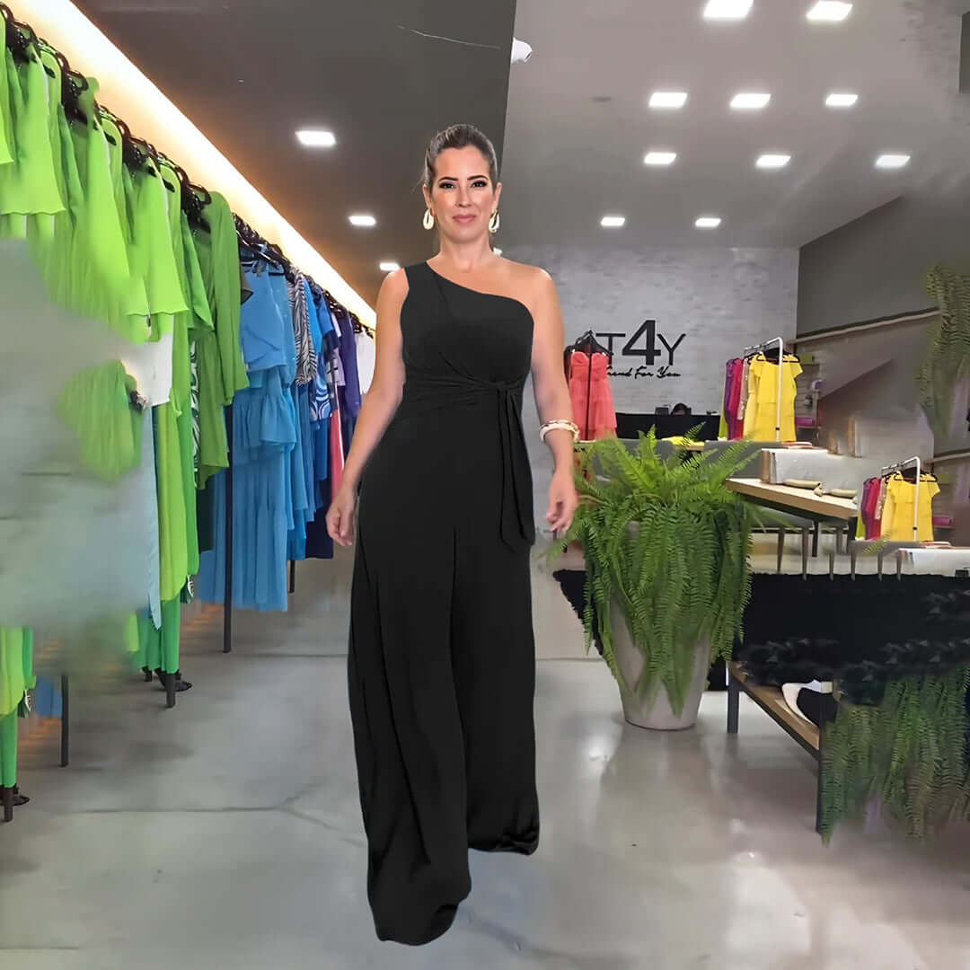 Elegant One-Shoulder Drape Wide-Leg Jumpsuit