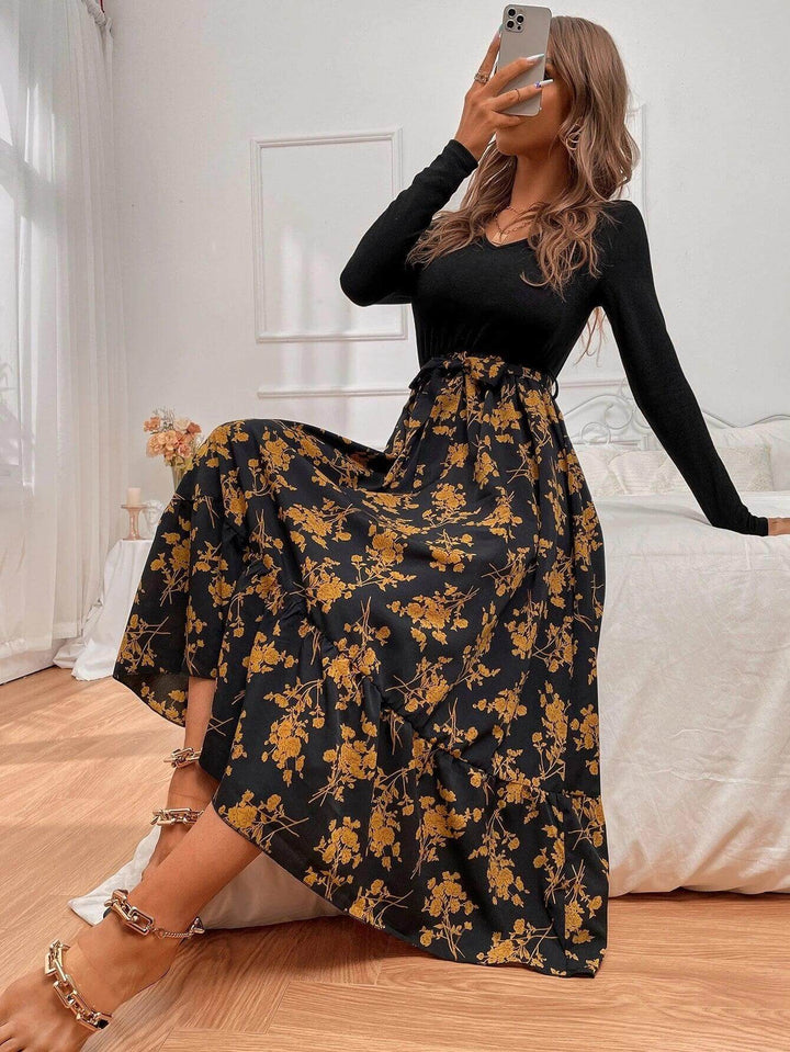 Floral A-Line Long Sleeve Dress