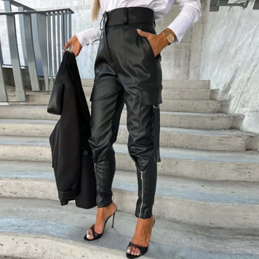 Women's Faux Leather Cargo Trousers