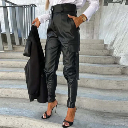 Women's Faux Leather Cargo Trousers