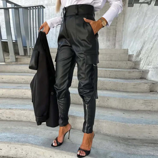 Women's Faux Leather Cargo Trousers